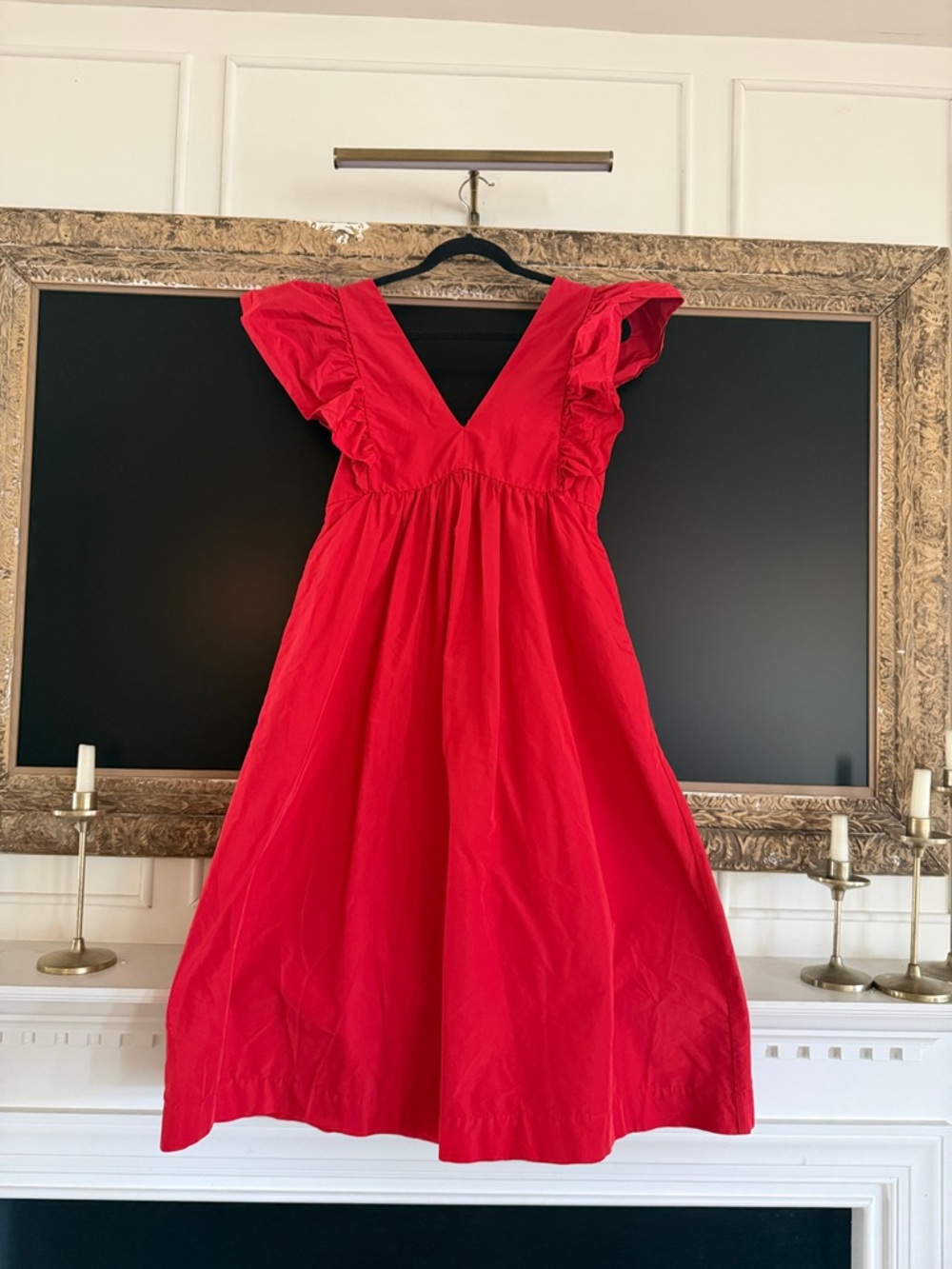 Maeve Red Midi Dress with Ruffle Sleeve V-Neck